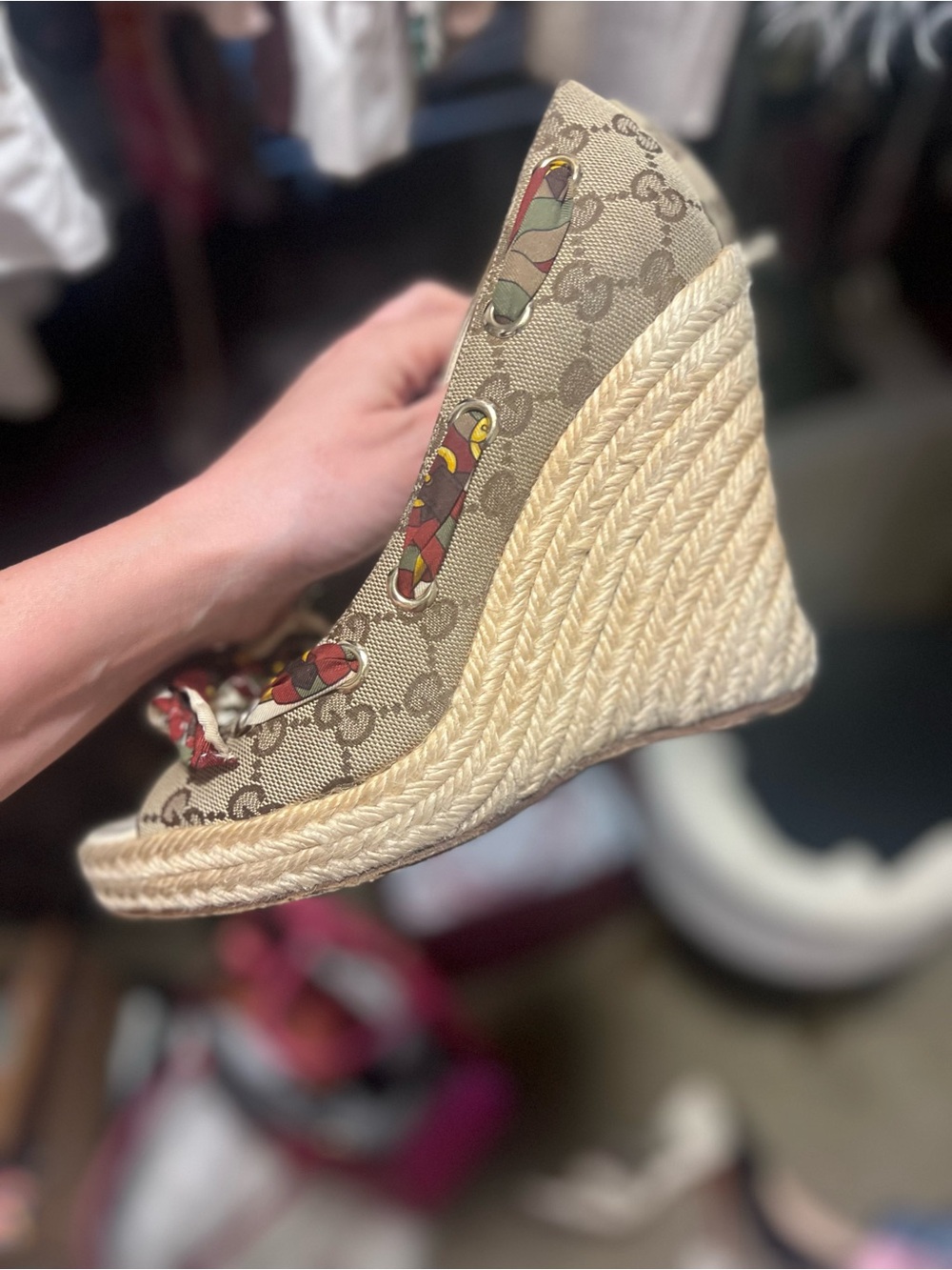 Gucci Beige GG Canvas Espadrille Wedges with Multicolor Scarf Lacing - Picture 6 of 8